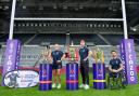 The Rugby League World Cup One Hundred Days to go event in front of the Gallowgate stand at St James' Park with England's Zoe Hornby, George Williams & James Simpson. Pic: SWpix.com
