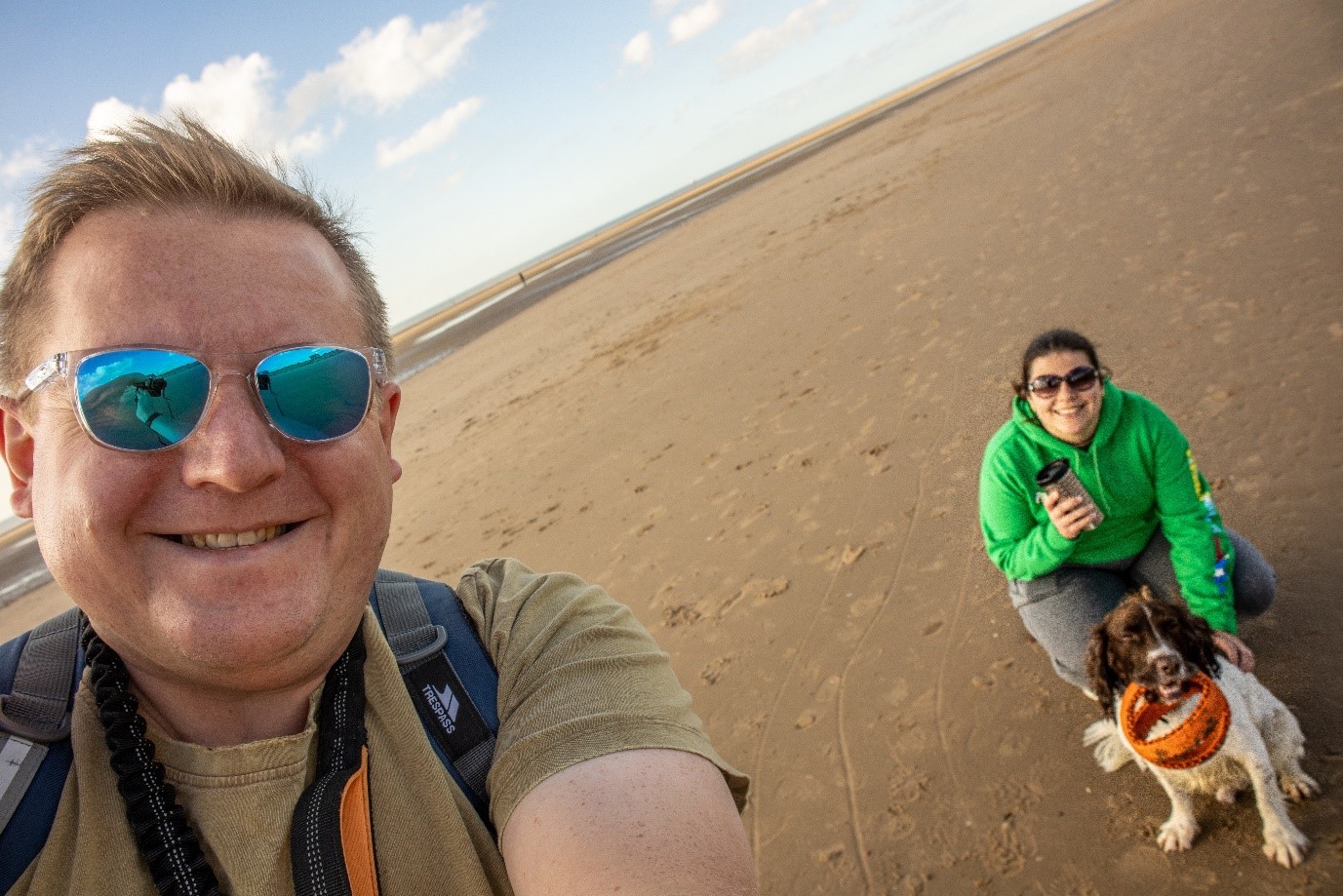 St Helens Star Camera Club member Alan Holland on Crosby Beach with his wife Stevie and their dog Max