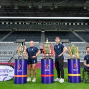 The Rugby League World Cup One Hundred Days to go event in front of the Gallowgate stand at St James' Park with England's Zoe Hornby, George Williams & James Simpson. Pic: SWpix.com