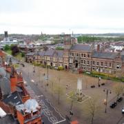 An aerial shot of St Helens Town Hall
