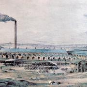 An	illustration	of the Pilkington Plate Glass  Works in 1879
