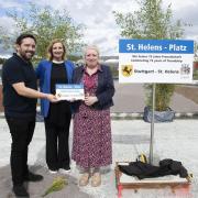 Council Leader Councillor David Baines and Mayor of St Helens Borough Councillor Lynn Clarke at the naming ceremony of St Helens Platz with Mayor for Youth and Education Isabel Fezer