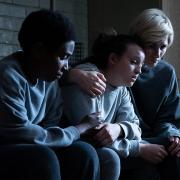 Tamara Lawrance as Abi Cochrane, Bella Ramsey as Kelsey Morgan, and Jodie Whittaker as Orla O'Riordan in Time series two