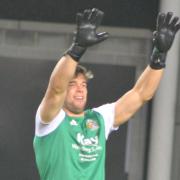 Louie McCarthy-Scarsbrook in goal for St Helens Town XI in Friday night's exhibition game at the Totally Wicked Stadium