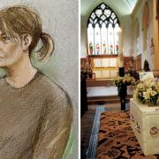 L: A court sketch of Joanne Sharkey during her first magistrates' court appearance. R: Baby Callum's funeral