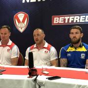 Saints head coach Justin Holbrook, Saints skipper James Roby and his Warrington hooking rival Daryl Clark at the press conference previewing Friday's Super League leadership battle at the Totally Wicked Stadium.