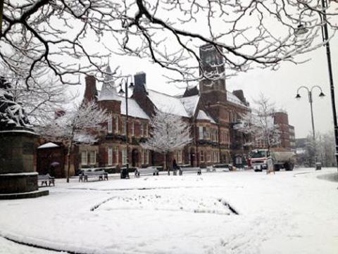 A snowy scene in Victoria Square.