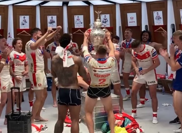 Saints players sing When the Saints Go Marching in in the Wembley changing rooms