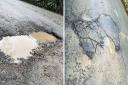 The before and after of the pothole in Hengoed.