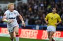 James Graham roars for the ball as Paul Wellens, who is assisting England, looks on.