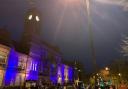 St Helens Town Hall lit up during a Vigil for Ukraine in March