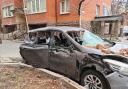 A shelled vehicle in Bucha, Ukraine