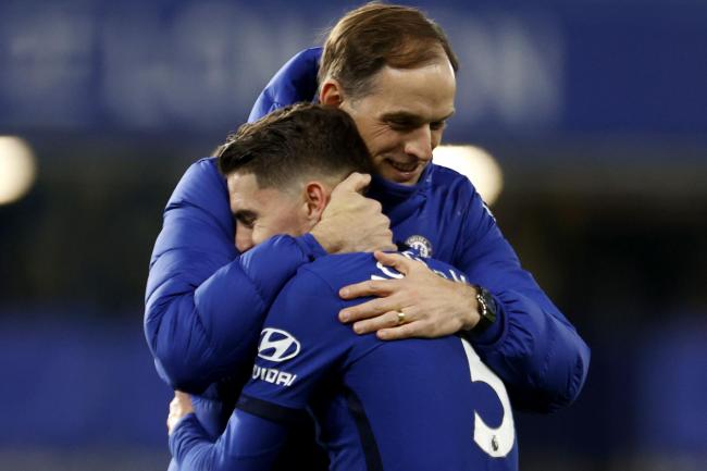 Chelsea manager Thomas Tuchel (right) hugs Jorginho