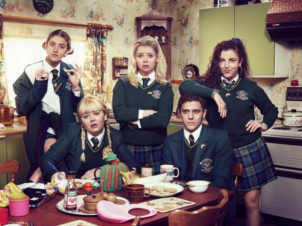 St Helens Star: (left to right) Orla (Louise Harland), Clare (Nicola Coughlan), Erin (Saoirse-Monica Jackson), James (Dylan Llewellyn) and Michelle (Jamie-Lee O'Donnell) from Derry Girls. Credit: Hat Trick/ Channel 4 / PA