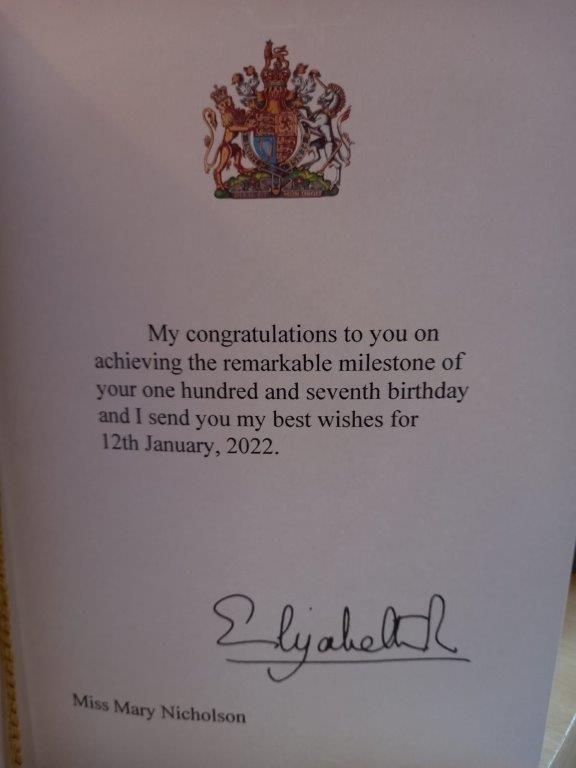 Pollys 107th birthday card message from the Queen