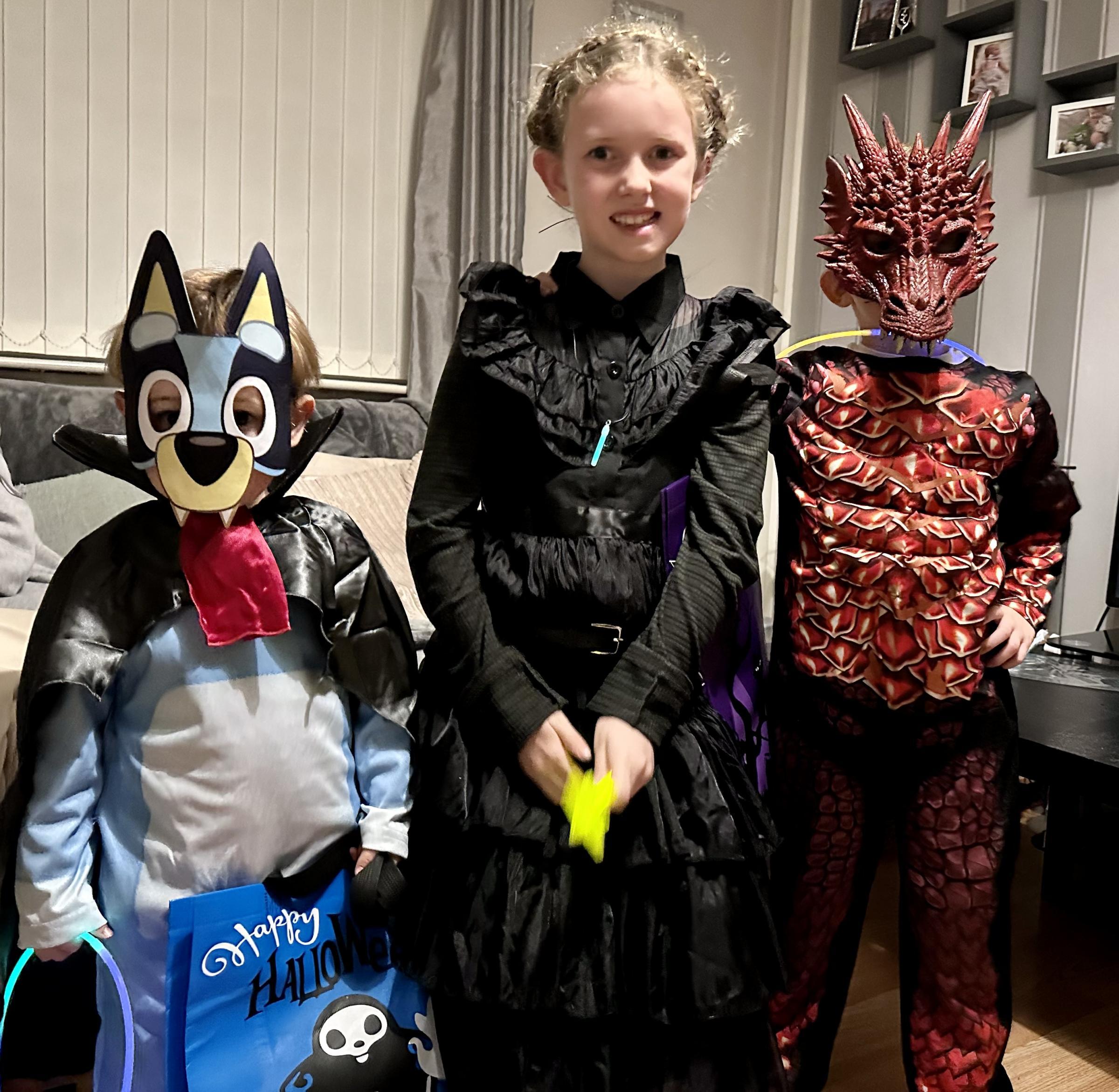 Sky, Cayde and Hunter as Wednesday, Bluey and a dragon