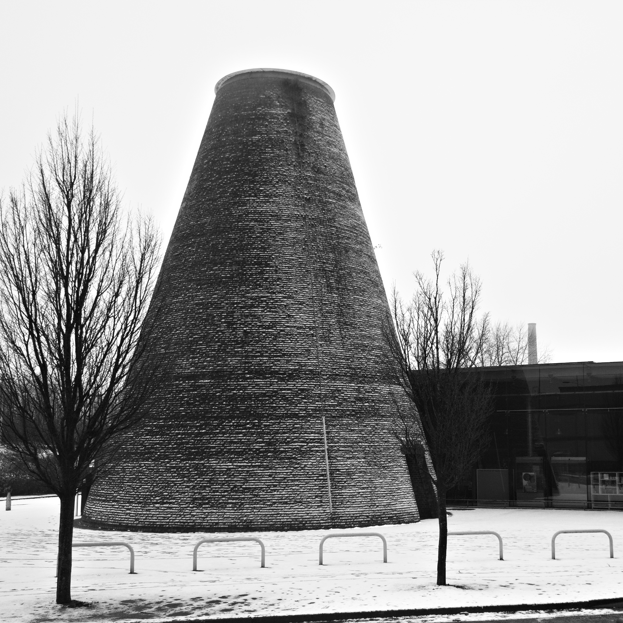 The entrance cone at the World of Glass, covered in snow