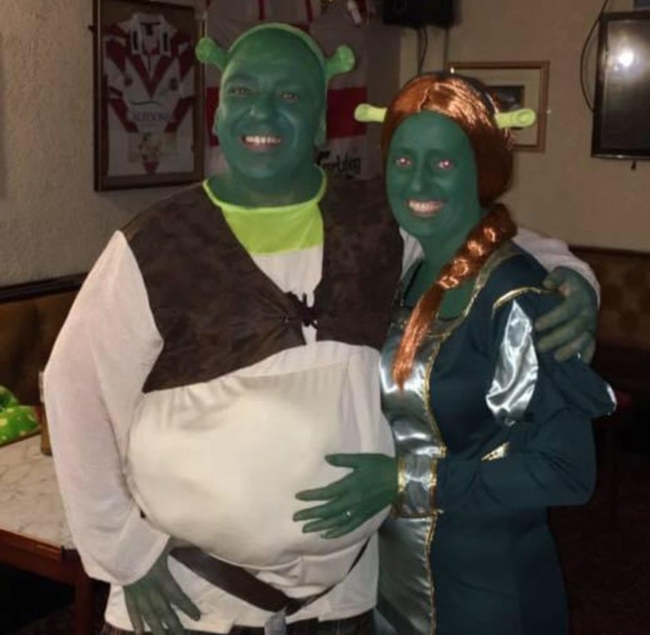 Dawn and Paul dressed up as Shrek and Princess Fiona for their engagement party