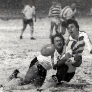 Mick Burke tackles Terry Bilsbury in the snow in December 1981. Pic: Glen Cameron
