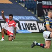 St Helens Kevin Naiqama taking the knee to show his opposition to racism last year. Picture: Bernard Platt