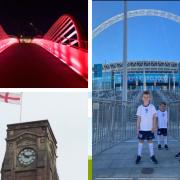 The flag of St George above St Helens Town Hall, the Steve Prescott Bridge is red and white and the three sons of St Helens-born Conor Coady in their colours at Wembley in a picture shared with the Star by his family.