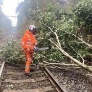 A fallen tree on the tracks in Glossop, Derbyshire, on Wednesday, October 18
