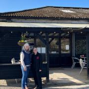 Angela and Nicola outside the butchers and cafe at Red Bank Farm
