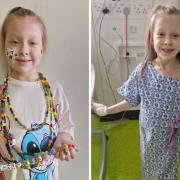 Teighan holding her beads of courage and in hospital
