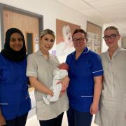 Baby Louie Robinson Honnor with team from Whiston Maternity Unit. Louie was born on April 4, 2024