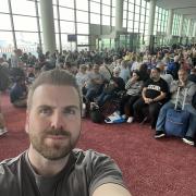 Paul Lidwith waiting at Dubai World Central airport after his stopover to Dubai International was diverted because of flooding